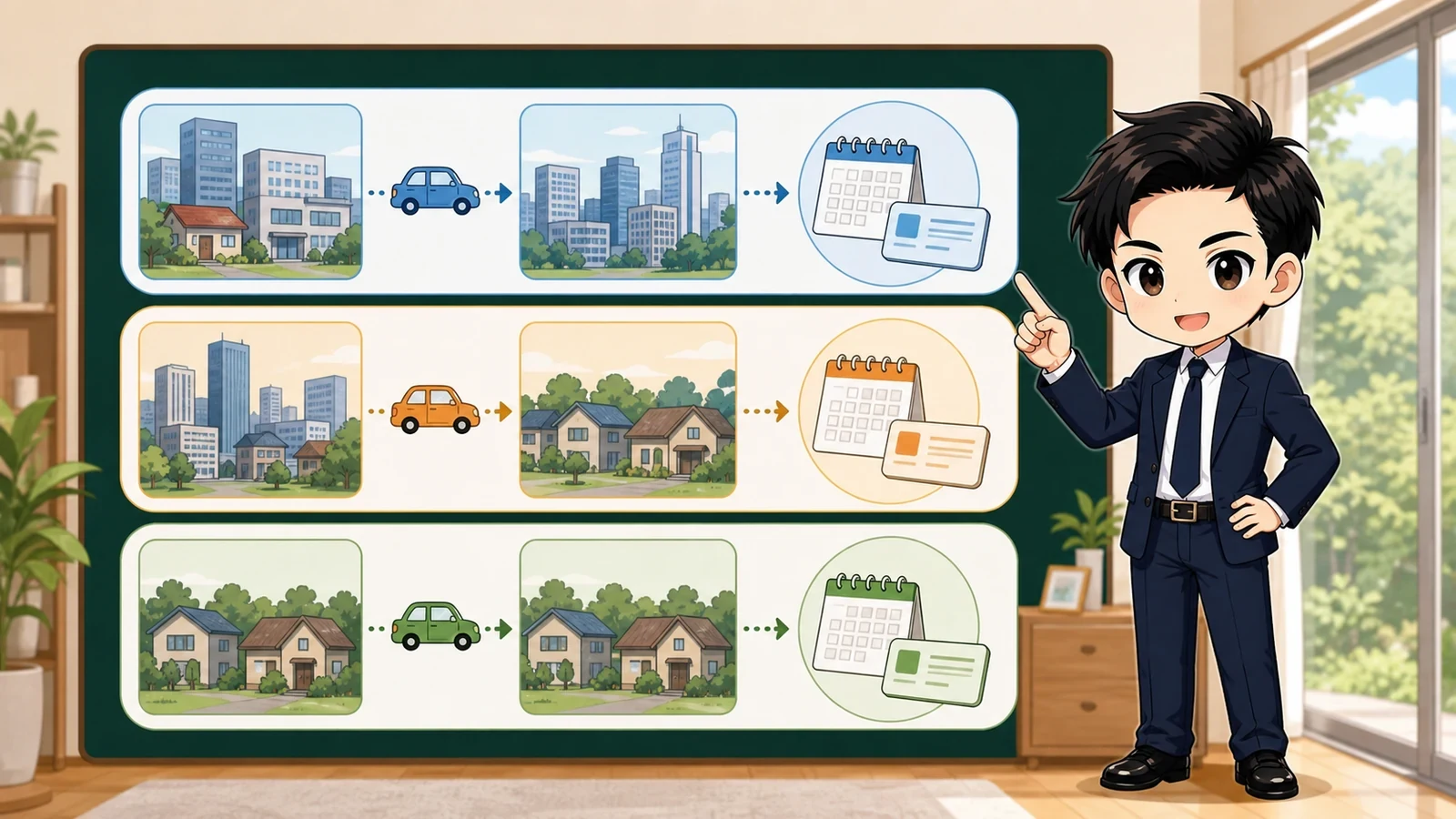 ざわ先生が転出・転入・転居とマイナンバーカード住所変更の期限を整理するイラスト