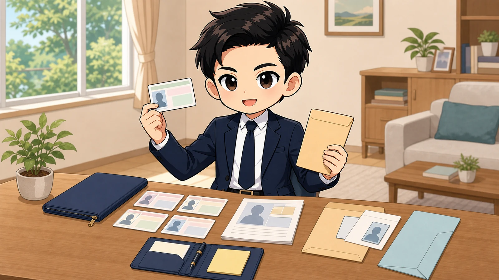 ざわ先生が住所変更に必要なマイナンバーカード・暗証番号・家族分の書類を確認するイラスト