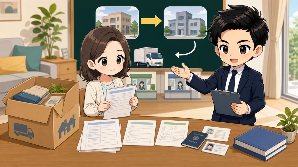 ざわ先生が引っ越し時の国民健康保険手続きを転出・転入に分けて説明するイラスト