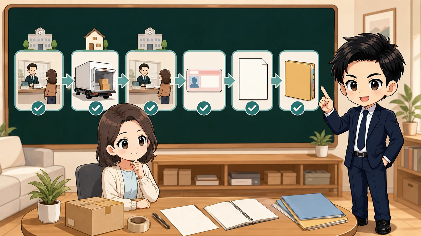 ざわ先生が転出・転入の順で国民健康保険の必要書類を確認するイラスト