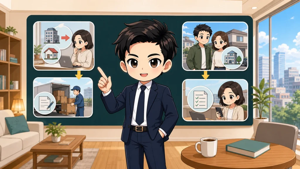 ざわ先生が引っ越し時の住民票手続きを説明するイラスト