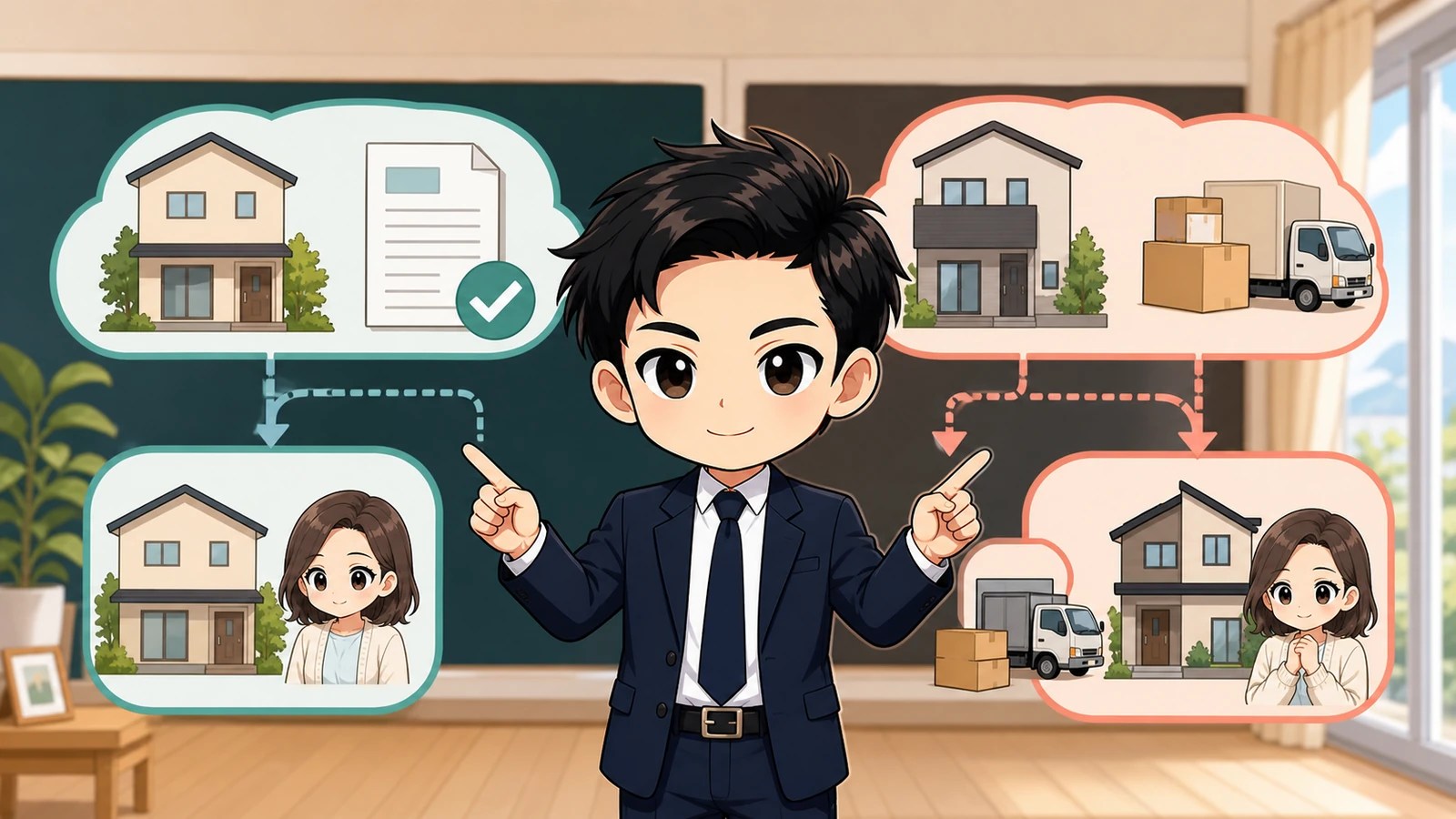 ざわ先生が同一市区町村の転居届と別市区町村の転出・転入届を整理するイラスト