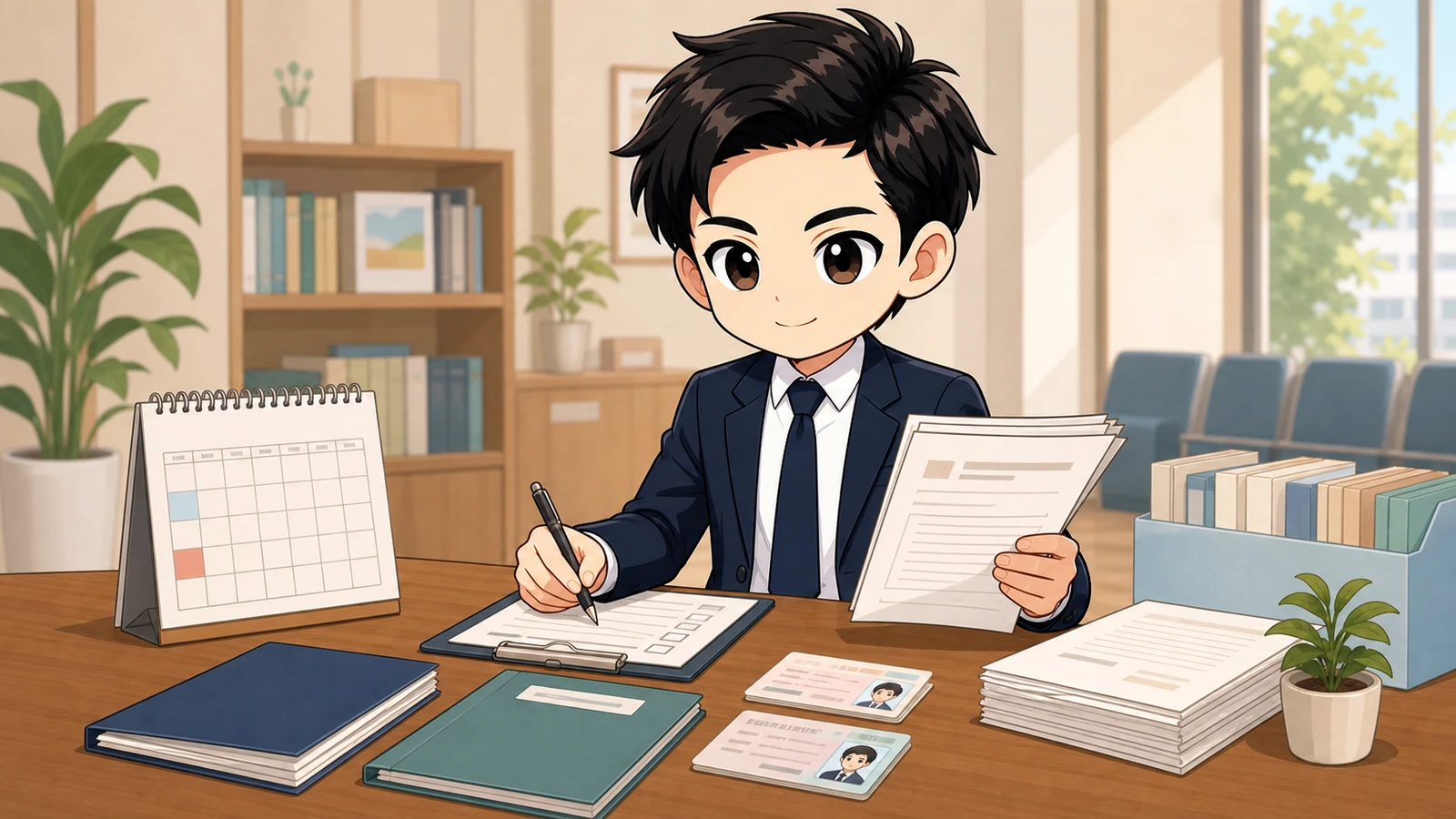 ざわ先生が転出届・転入届の期限と必要書類を確認するイラスト