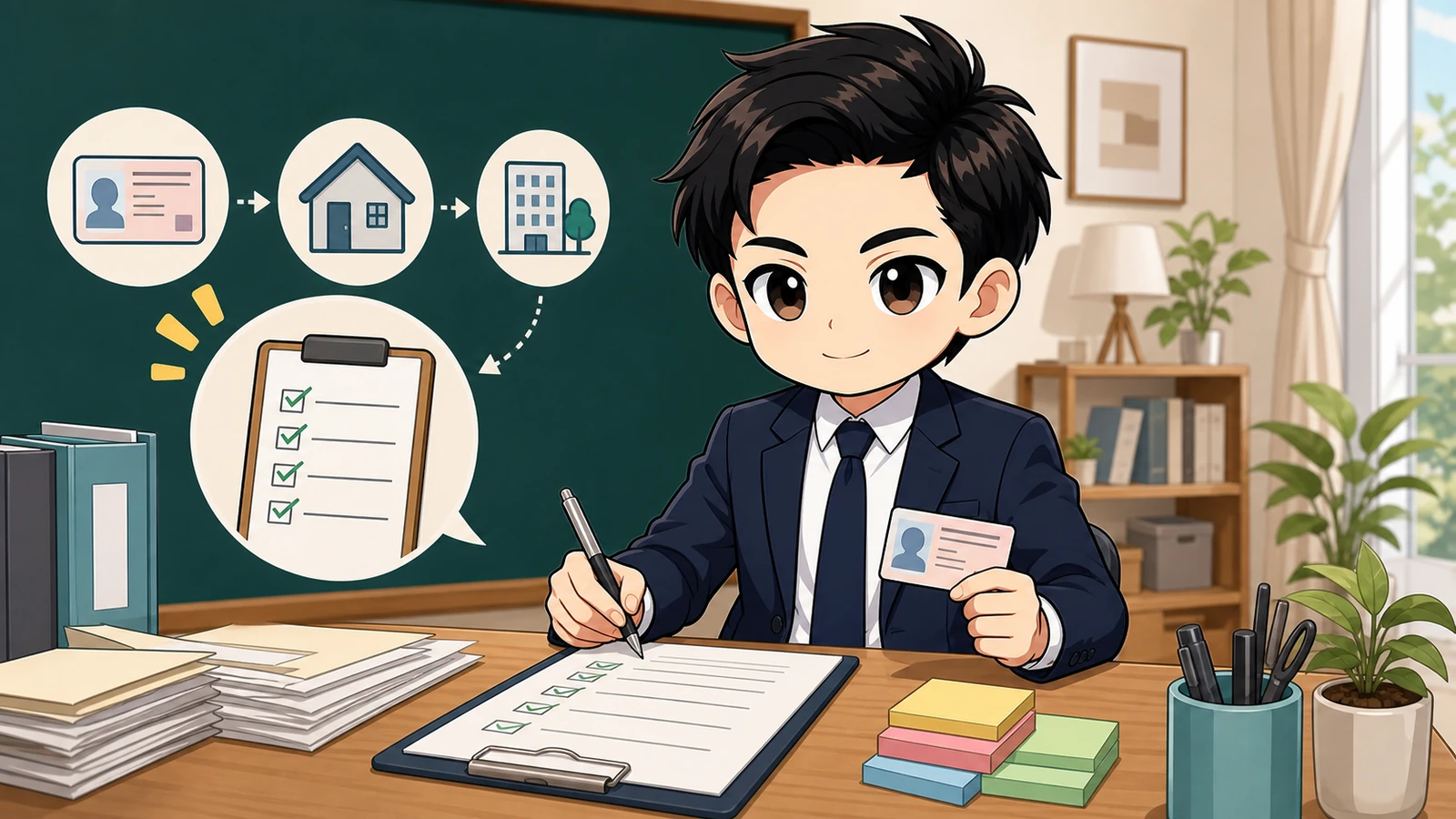 ざわ先生が転入後にマイナンバーカードと関連手続きを確認するイラスト
