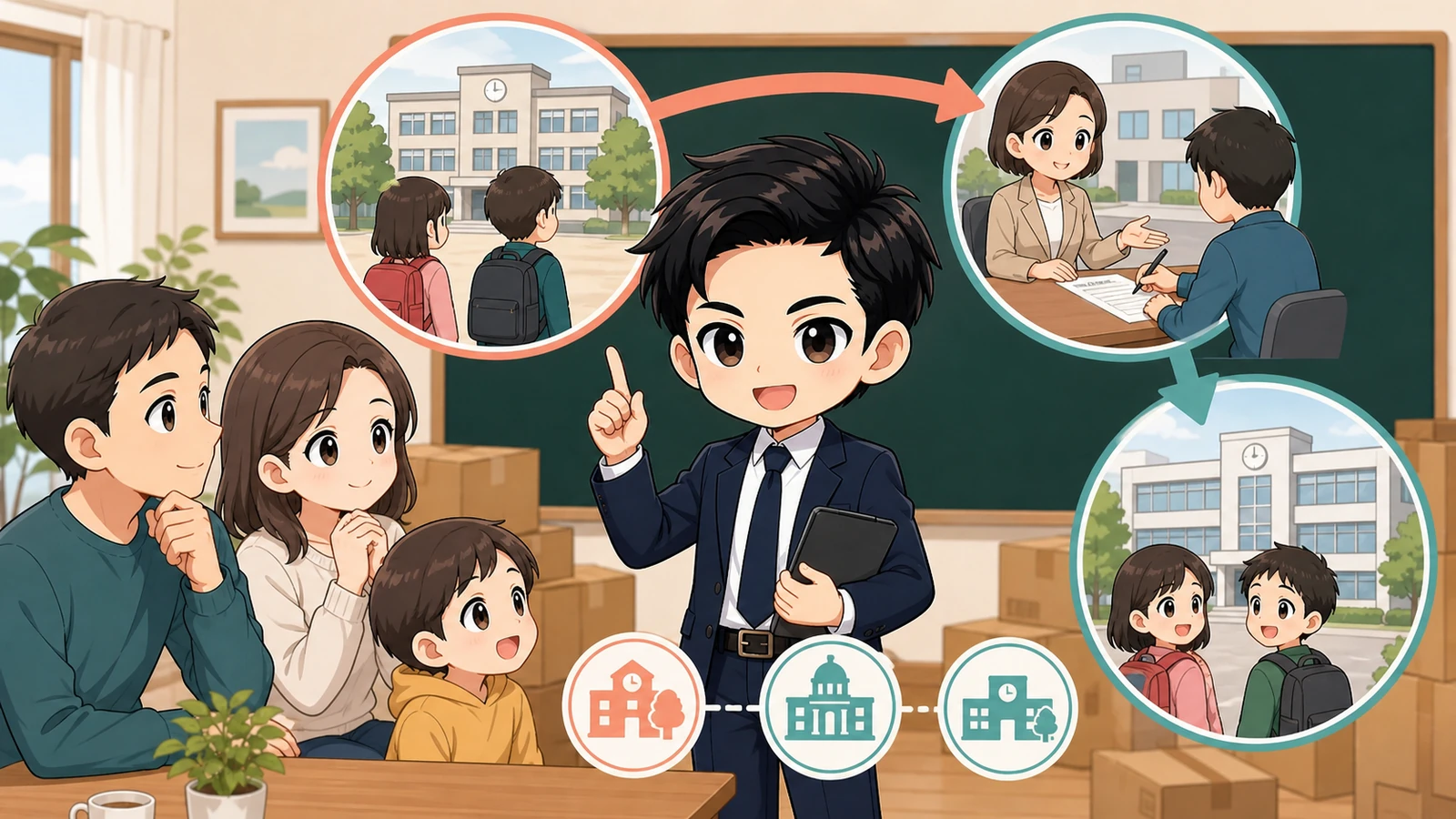 ざわ先生が引っ越しに伴う小中学校の転校手続きを説明するイラスト