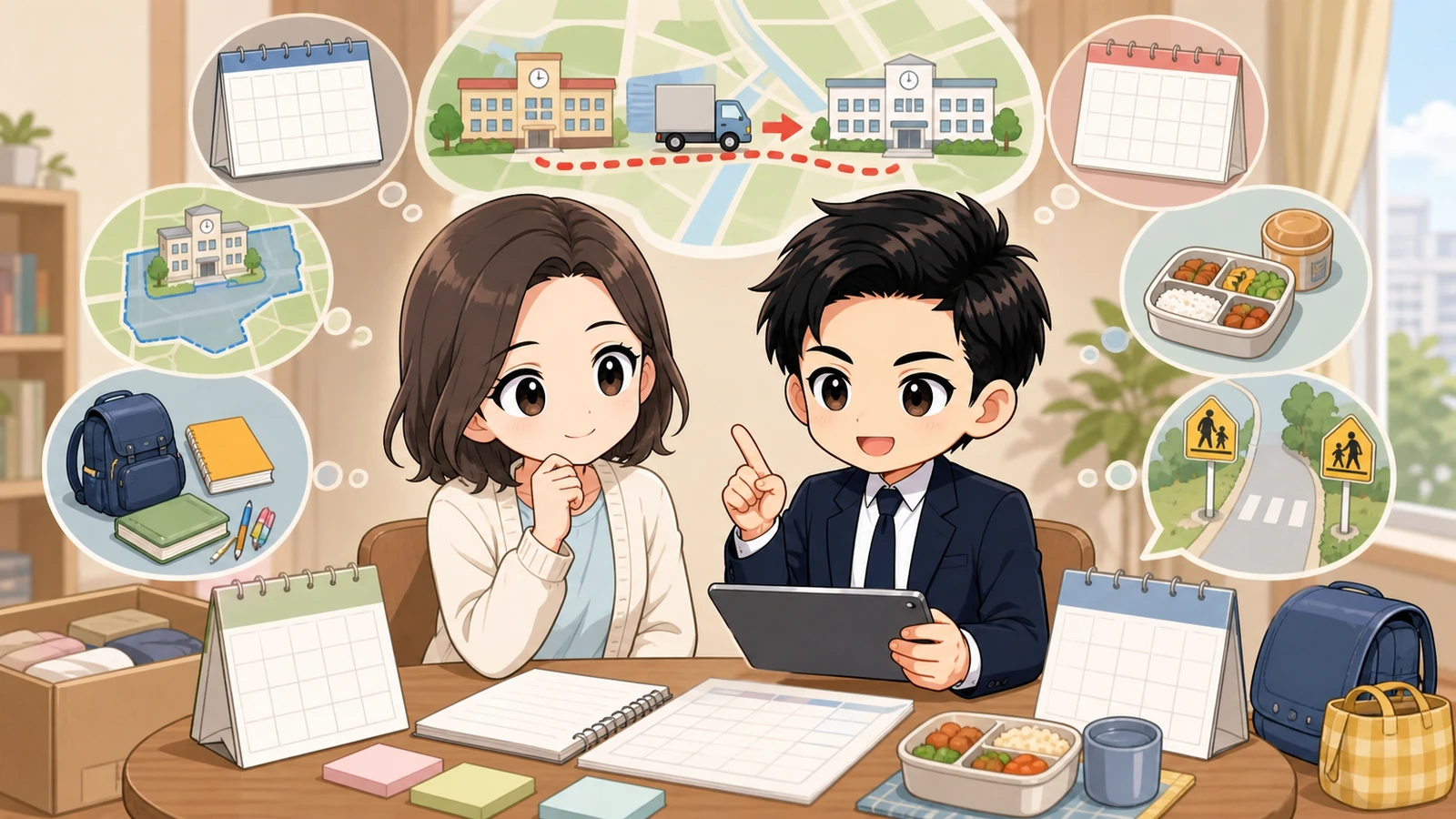 ざわ先生が保護者と在籍校・転入先への連絡予定を確認するイラスト