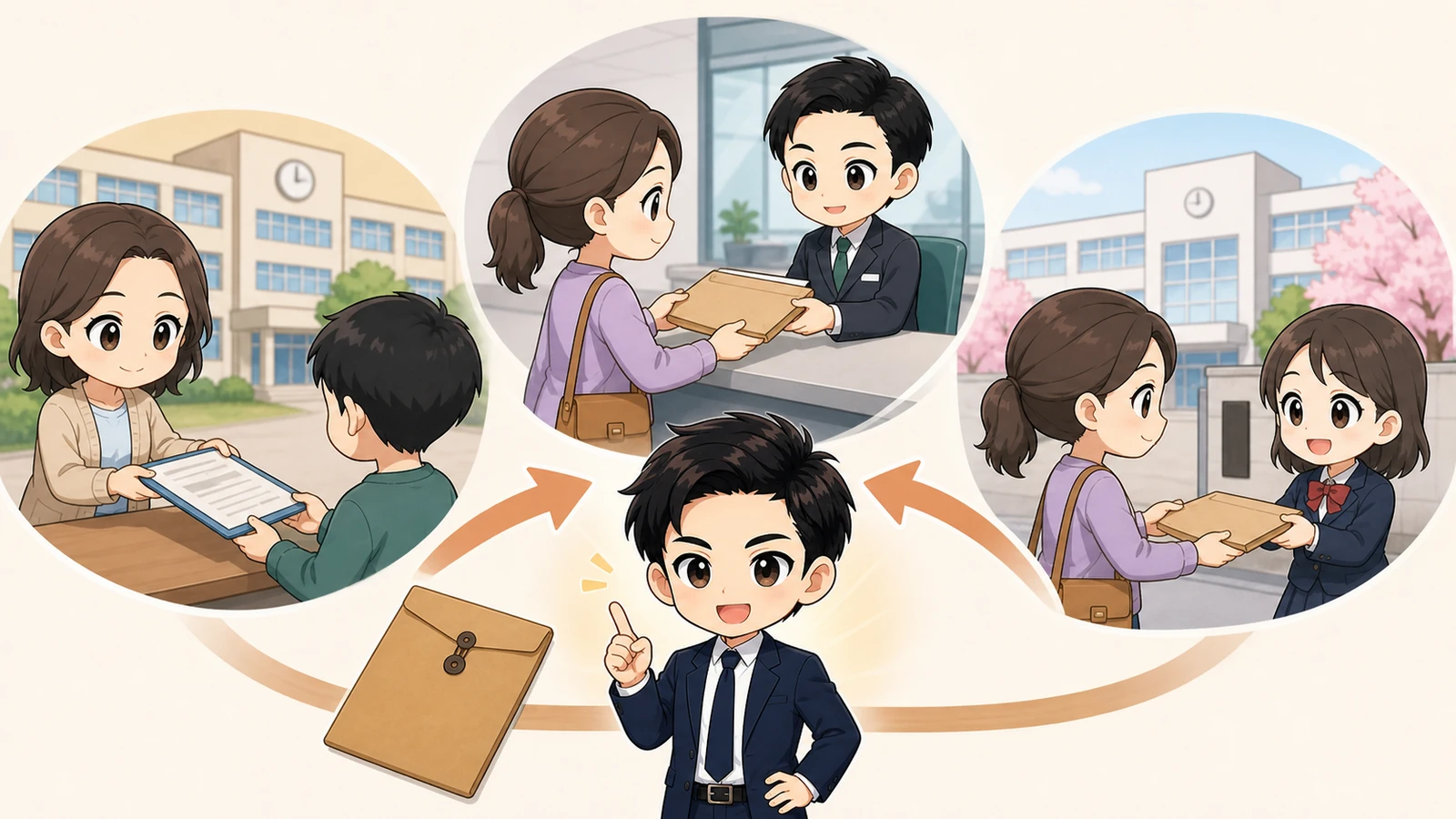 ざわ先生が学校・役所・転入校へ必要書類をつなぐ手順を説明するイラスト