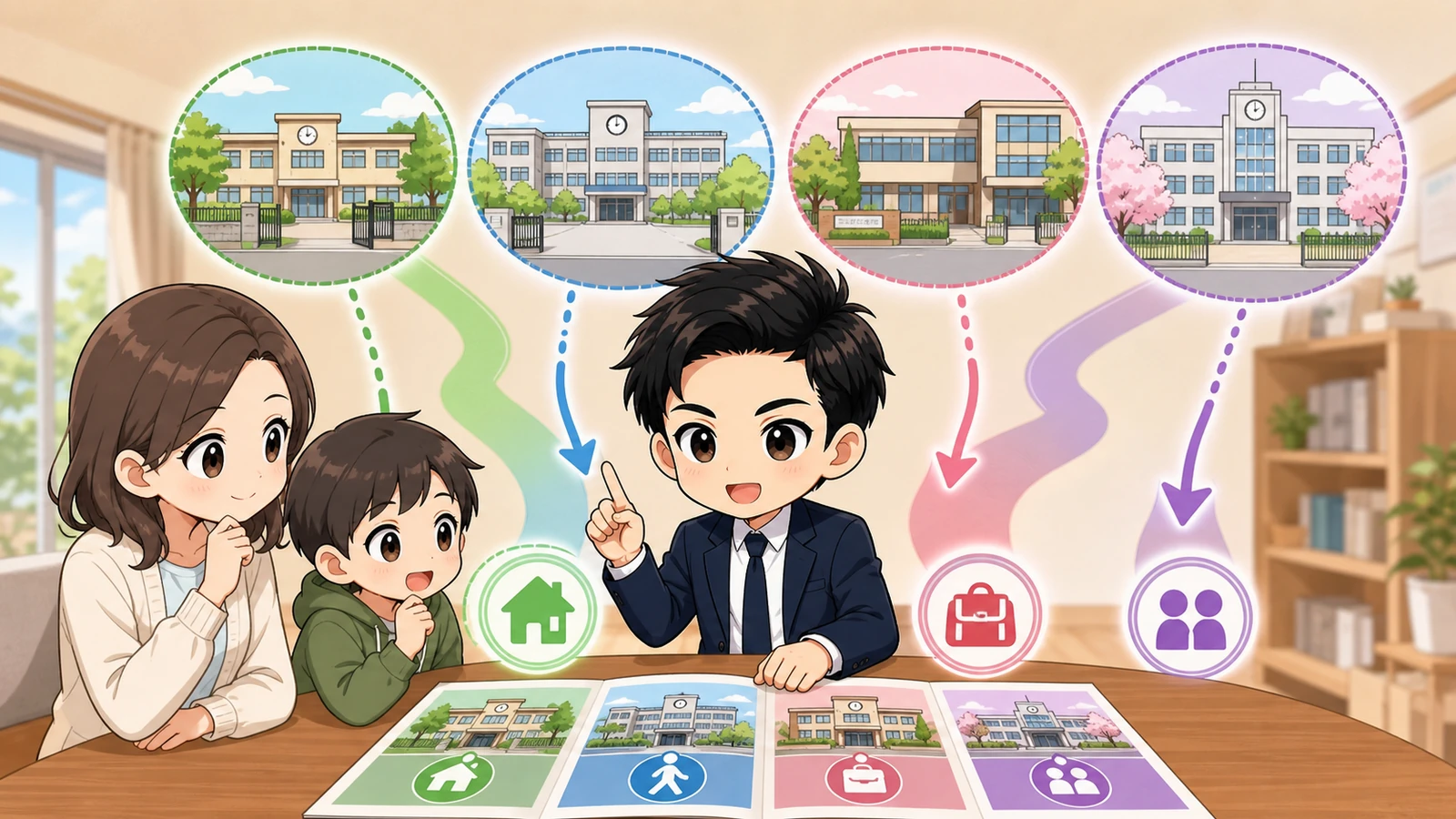 ざわ先生が学区外通学・私立・高校の個別確認を案内するイラスト