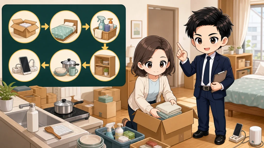 ざわ先生が引っ越し後の荷解きを当日・3日・1週間に分けて説明するイラスト
