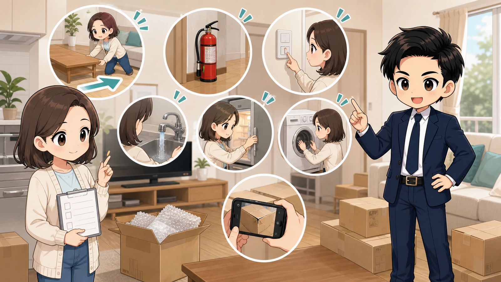 ざわ先生が新居で寝具・洗面用品・安全用品を最初に荷解きするイラスト