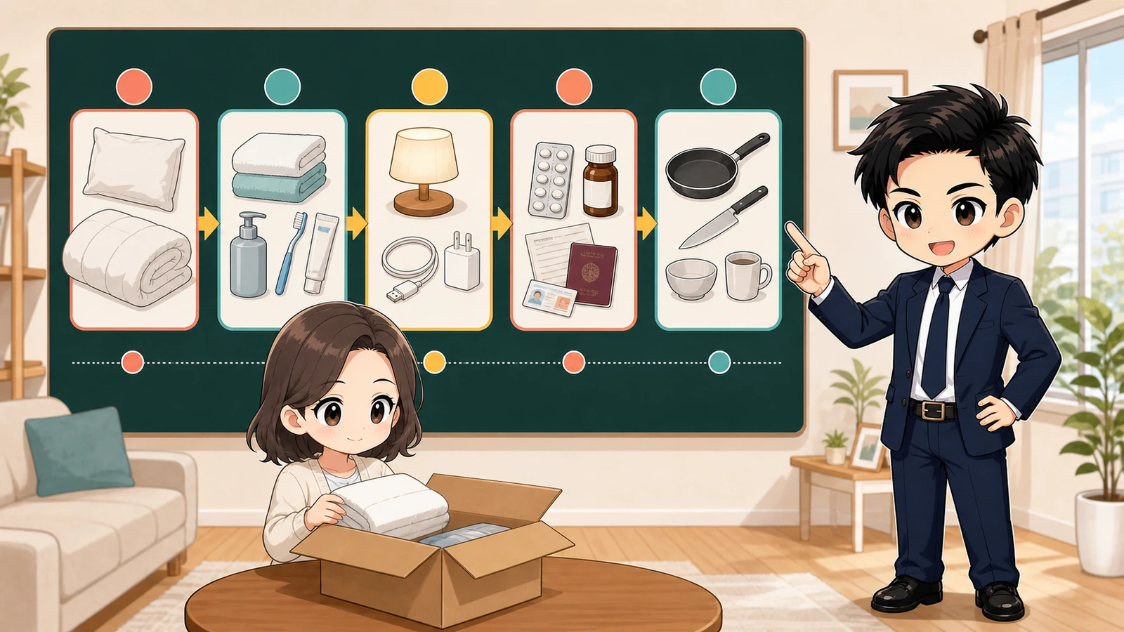 ざわ先生が台所・仕事・洗濯用品を生活動線に沿って配置するイラスト