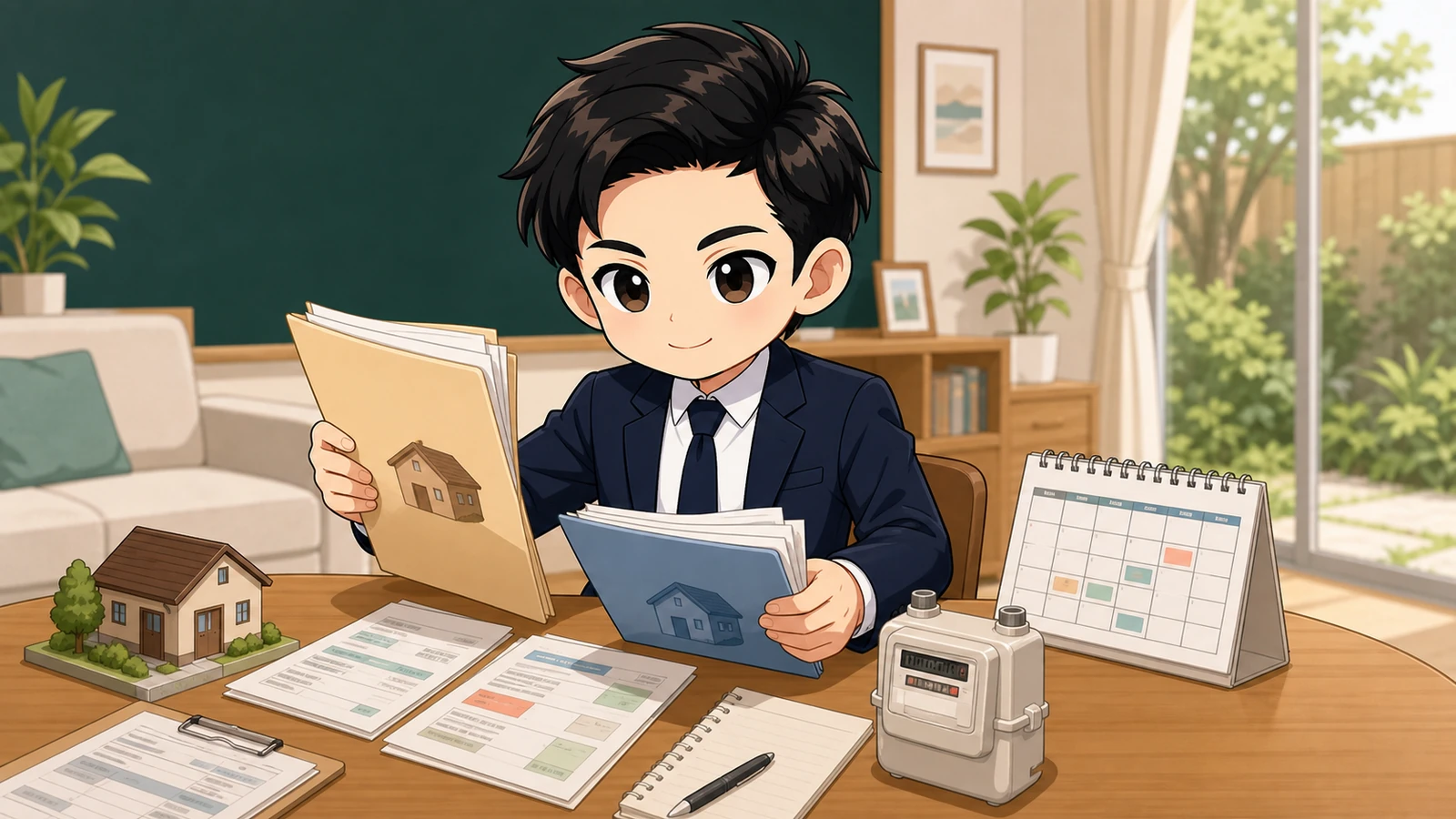 ざわ先生が旧居と新居のライフライン契約先・住所・日程を整理するイラスト