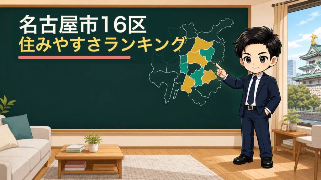 ざわ先生が名古屋市の地図を指して住みやすい区を案内するイラスト