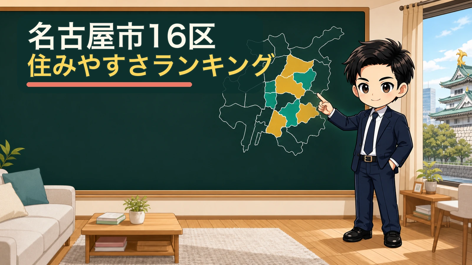 ざわ先生が名古屋市の地図を指して住みやすい区を案内するイラスト