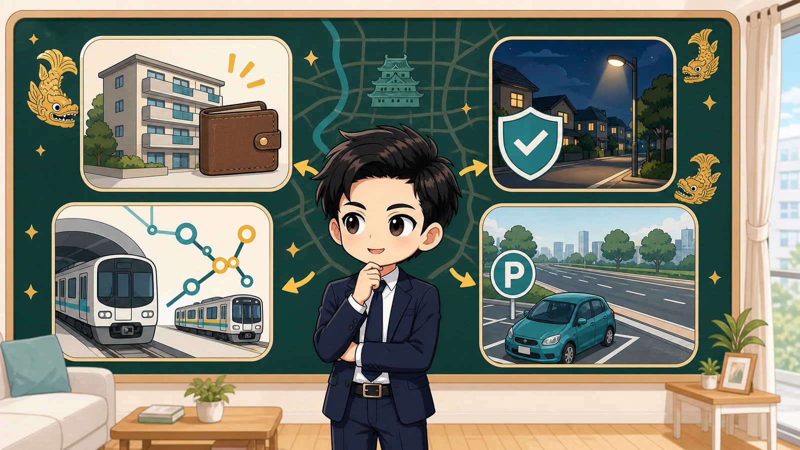 ざわ先生が名古屋市の家賃、防犯、交通、車生活を4つの図で比較するイラスト
