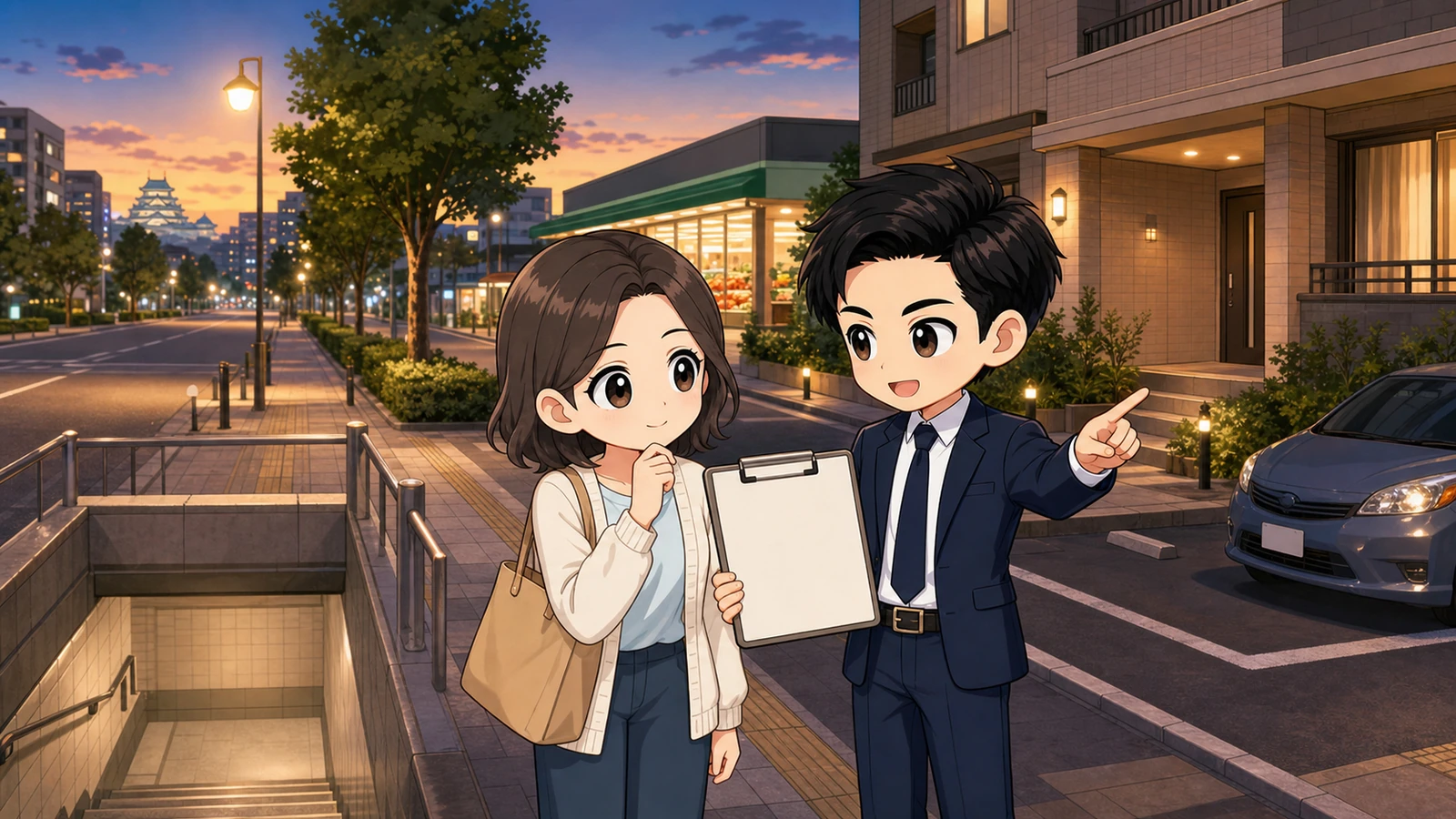 ざわ先生と入居希望者が名古屋市の駅から物件までの夜道を確認するイラスト