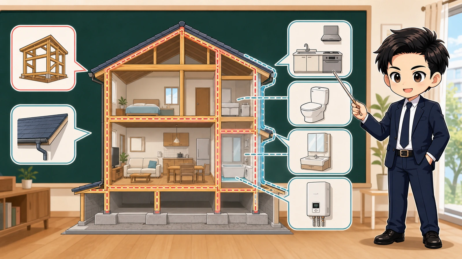 ざわ先生が新築住宅の10年責任の対象と設備など別保証を区別して説明するイラスト