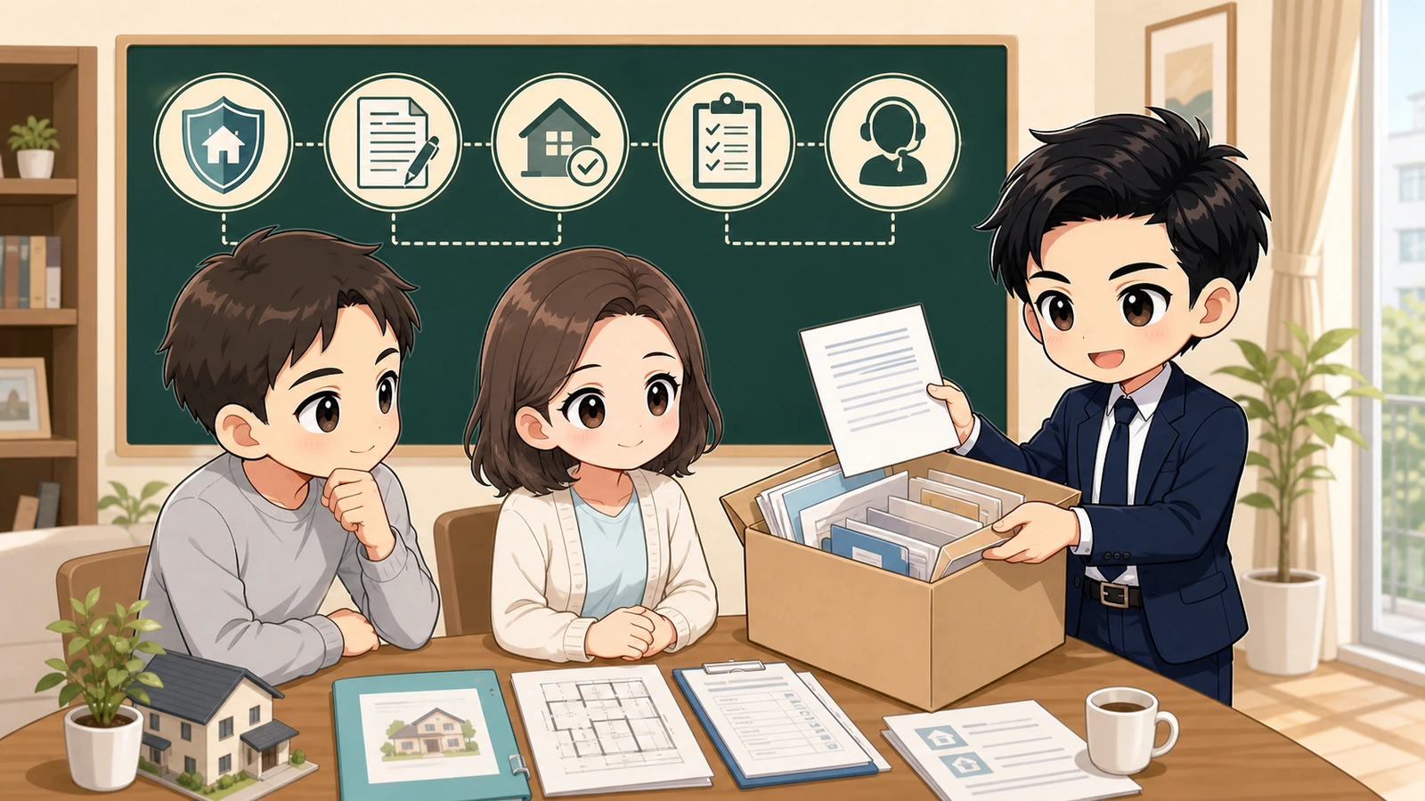 ざわ先生が新築住宅の瑕疵保険・供託・保証書・引渡し書類を確認するイラスト