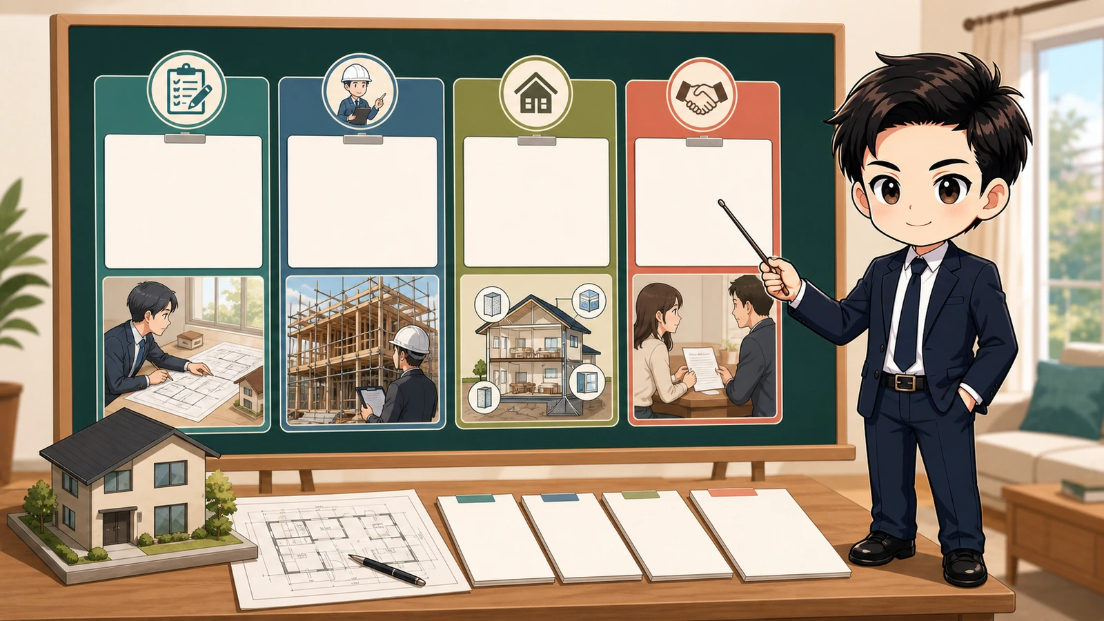 ざわ先生が新築住宅の性能評価書と等級の見方を説明するイラスト