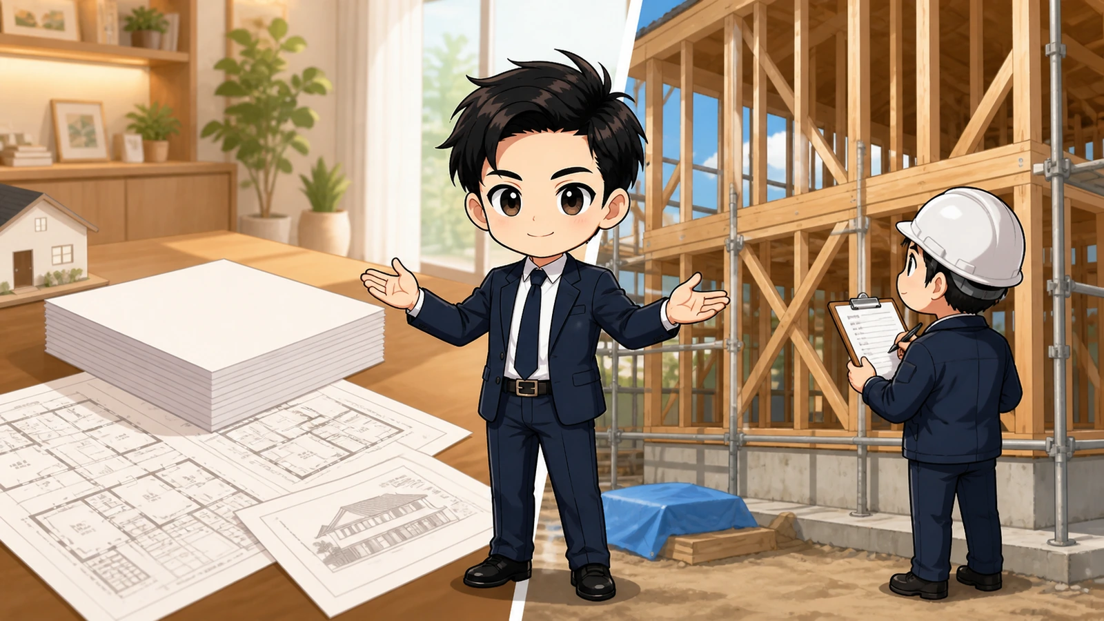 ざわ先生が新築の設計住宅性能評価書と建設住宅性能評価書を分けるイラスト