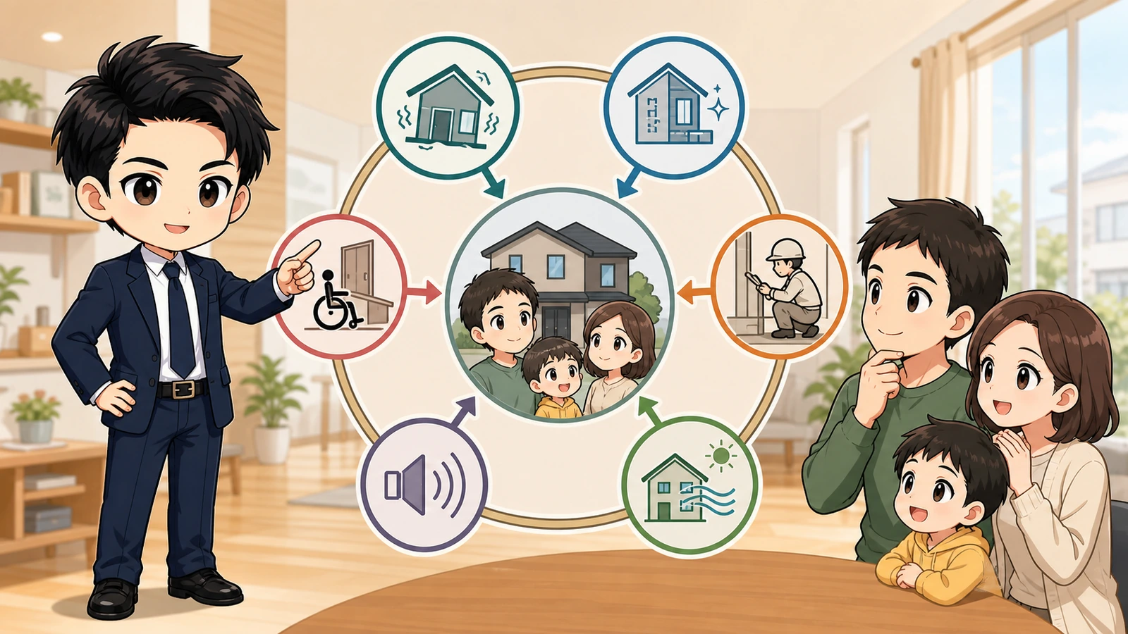 ざわ先生が住宅性能評価の必須分野と選択項目を暮らし方で比較するイラスト