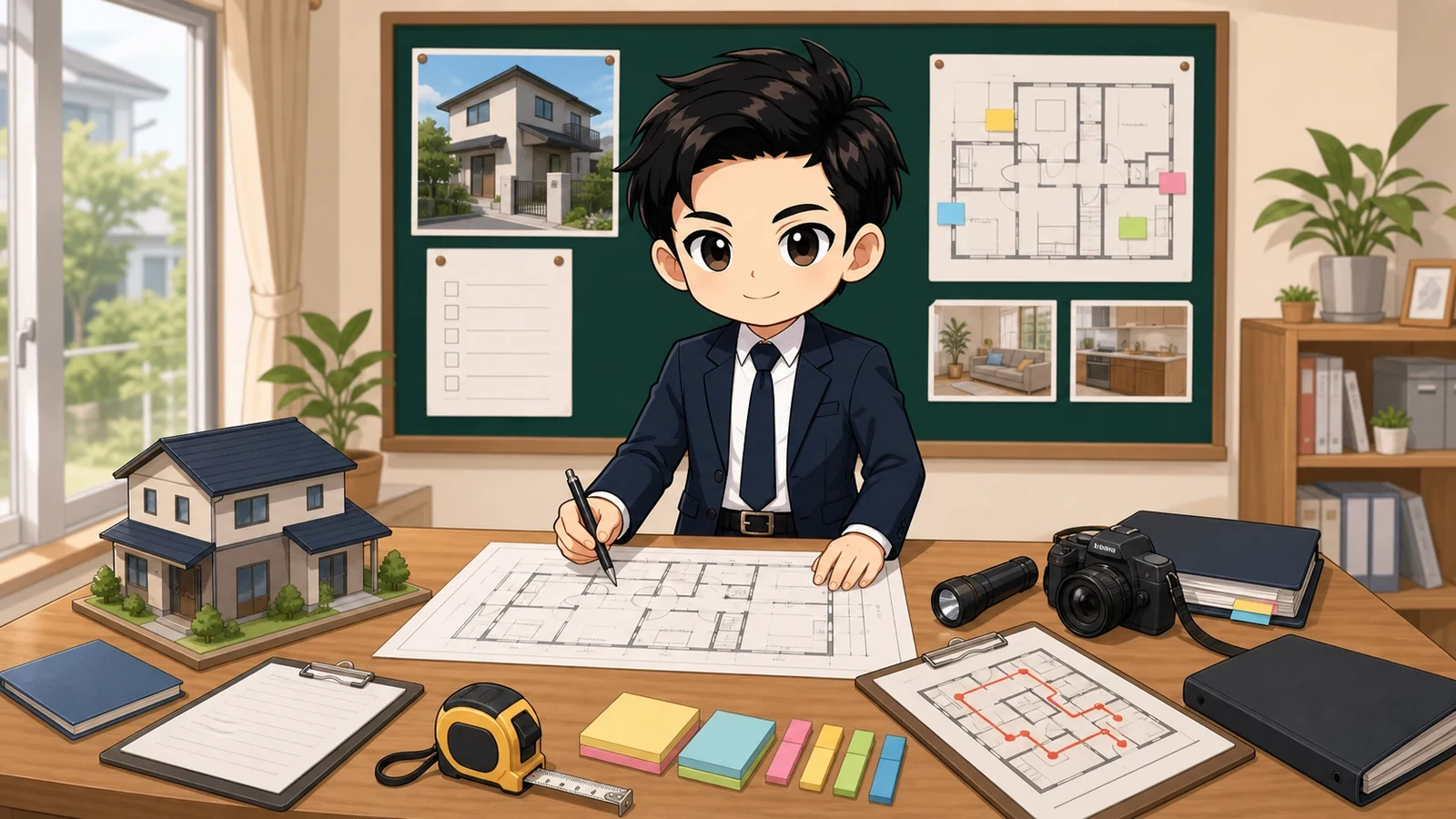 ざわ先生が新築戸建て内覧会前に図面・仕様書・持ち物と確認順を整理するイラスト