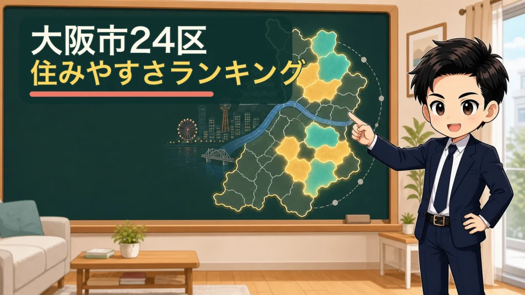 ざわ先生が大阪市の地図を指して住みやすい区を案内するイラスト