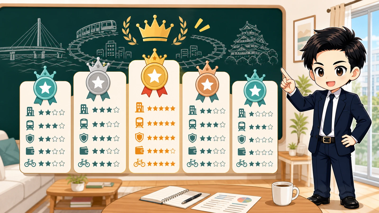 ざわ先生が大阪市の住みやすい区TOP5を星で比較するイラスト