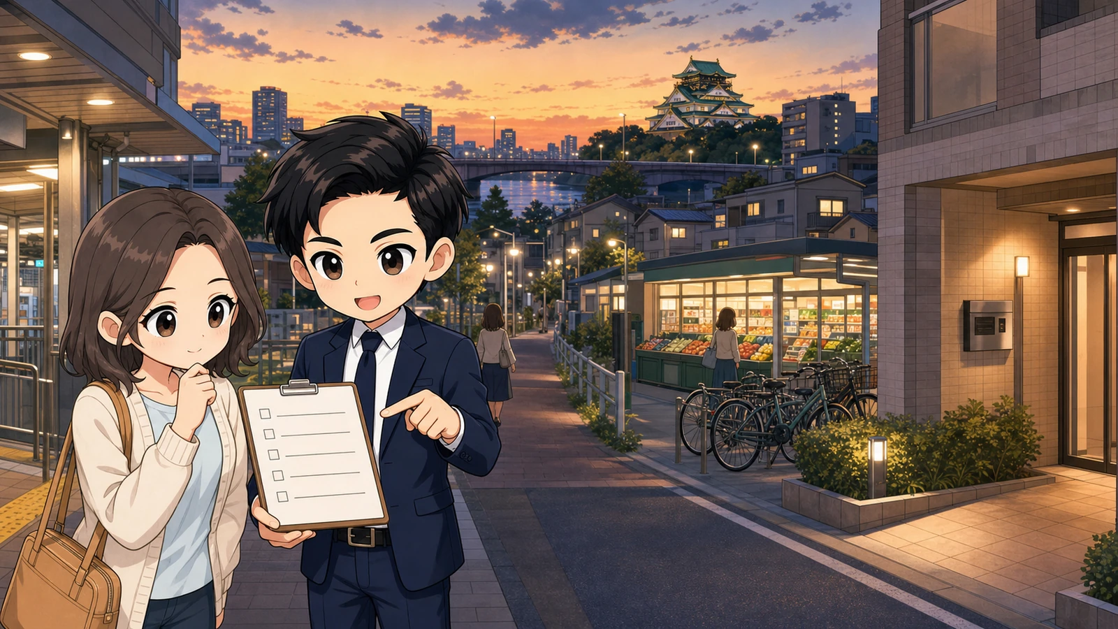 ざわ先生と入居希望者が大阪市の駅から物件までの夜道を確認するイラスト