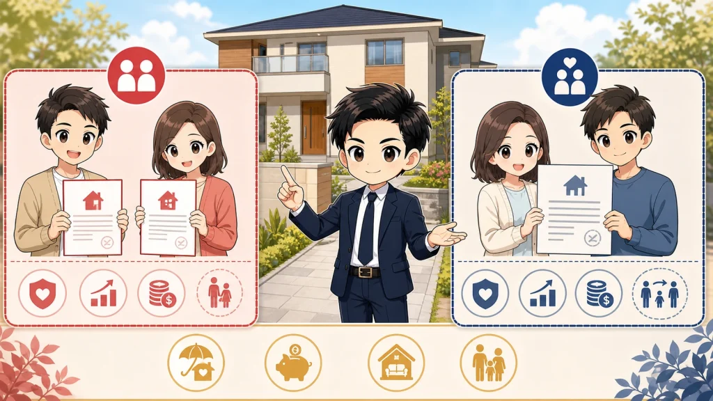 ざわ先生がペアローンと収入合算の違いを説明するイラスト