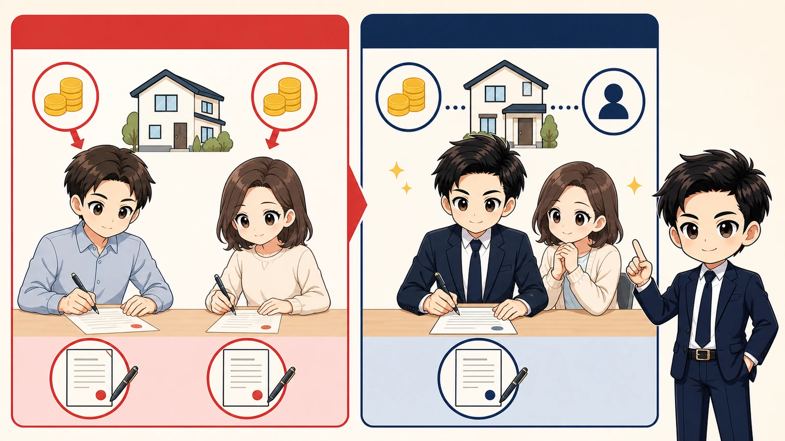 ざわ先生がペアローン二契約と収入合算一契約の返済義務を比較するイラスト