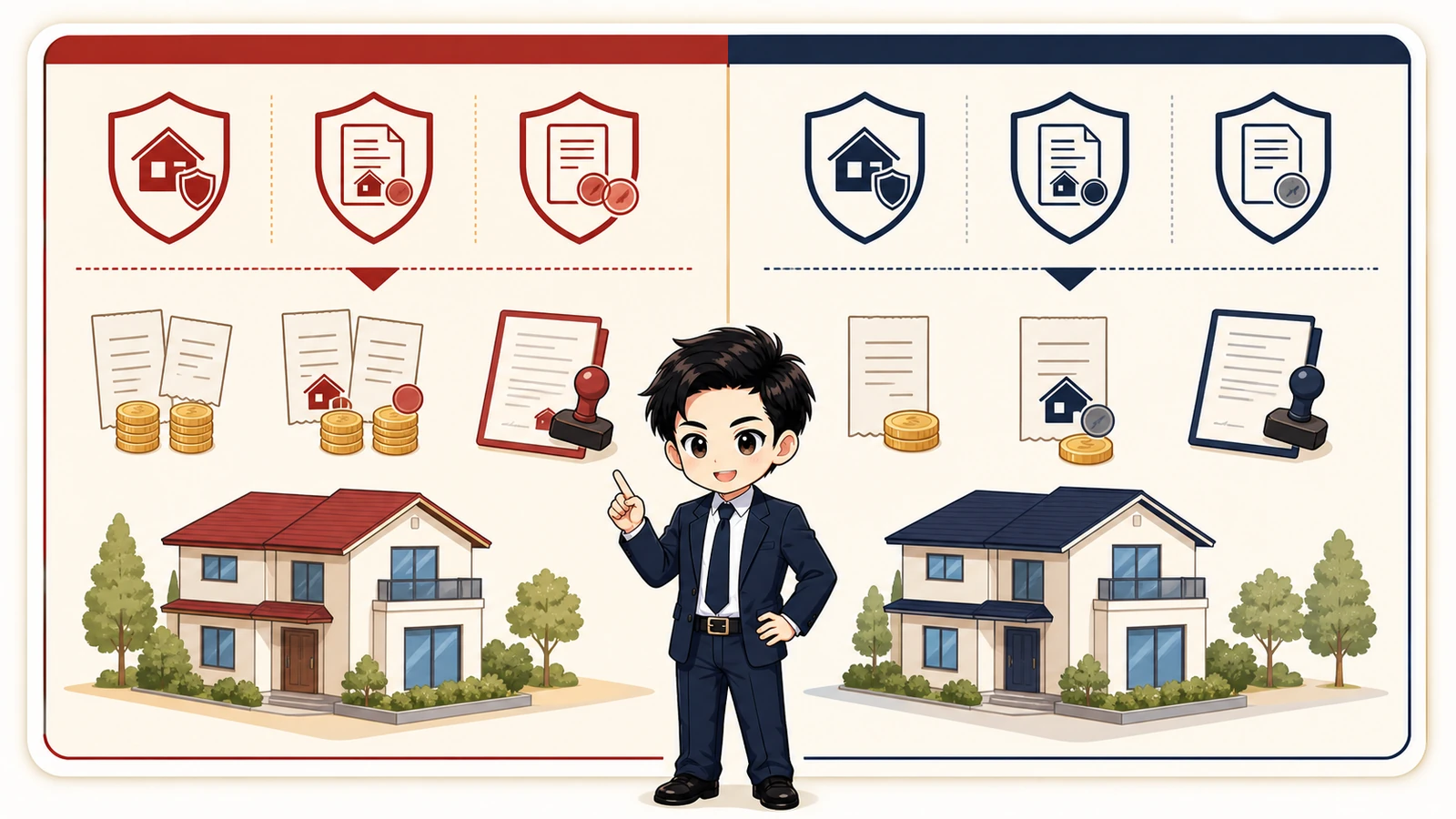 ざわ先生が団信・住宅ローン控除・諸費用を二人分で確認するイラスト