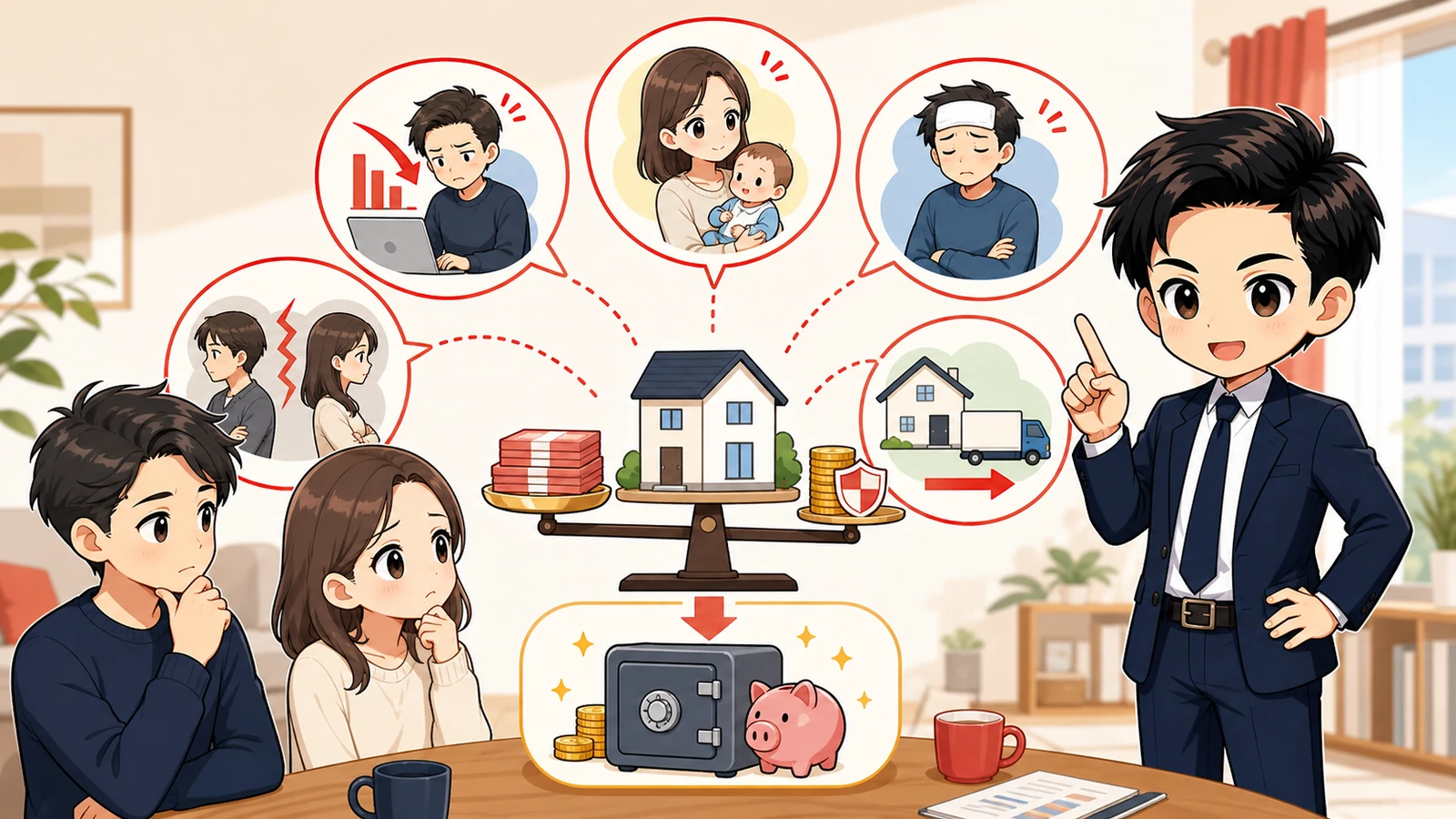 ざわ先生が収入減少・離婚・売却を想定した返済計画を確認するイラスト