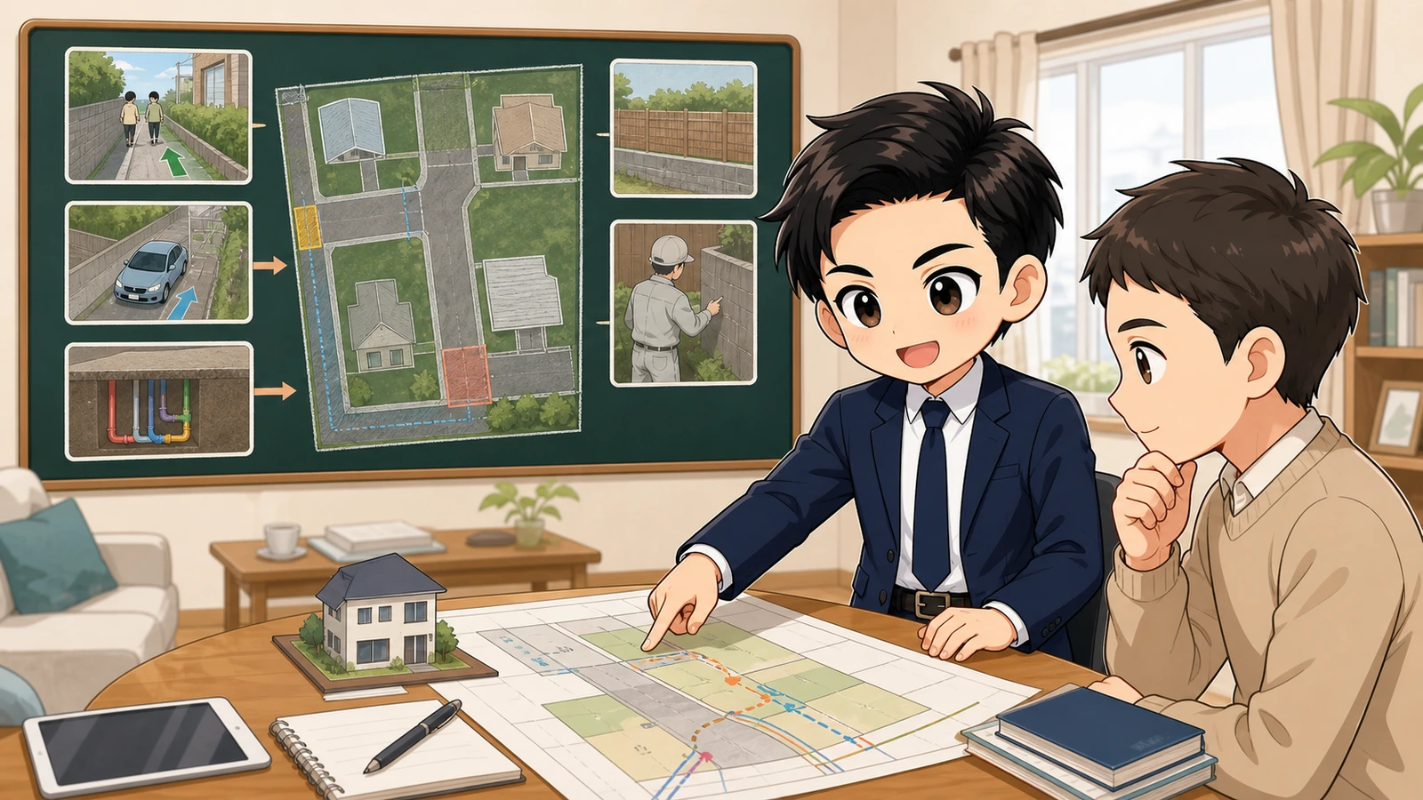ざわ先生が住宅購入前に私道負担・持分・通行・掘削承諾を説明するイラスト