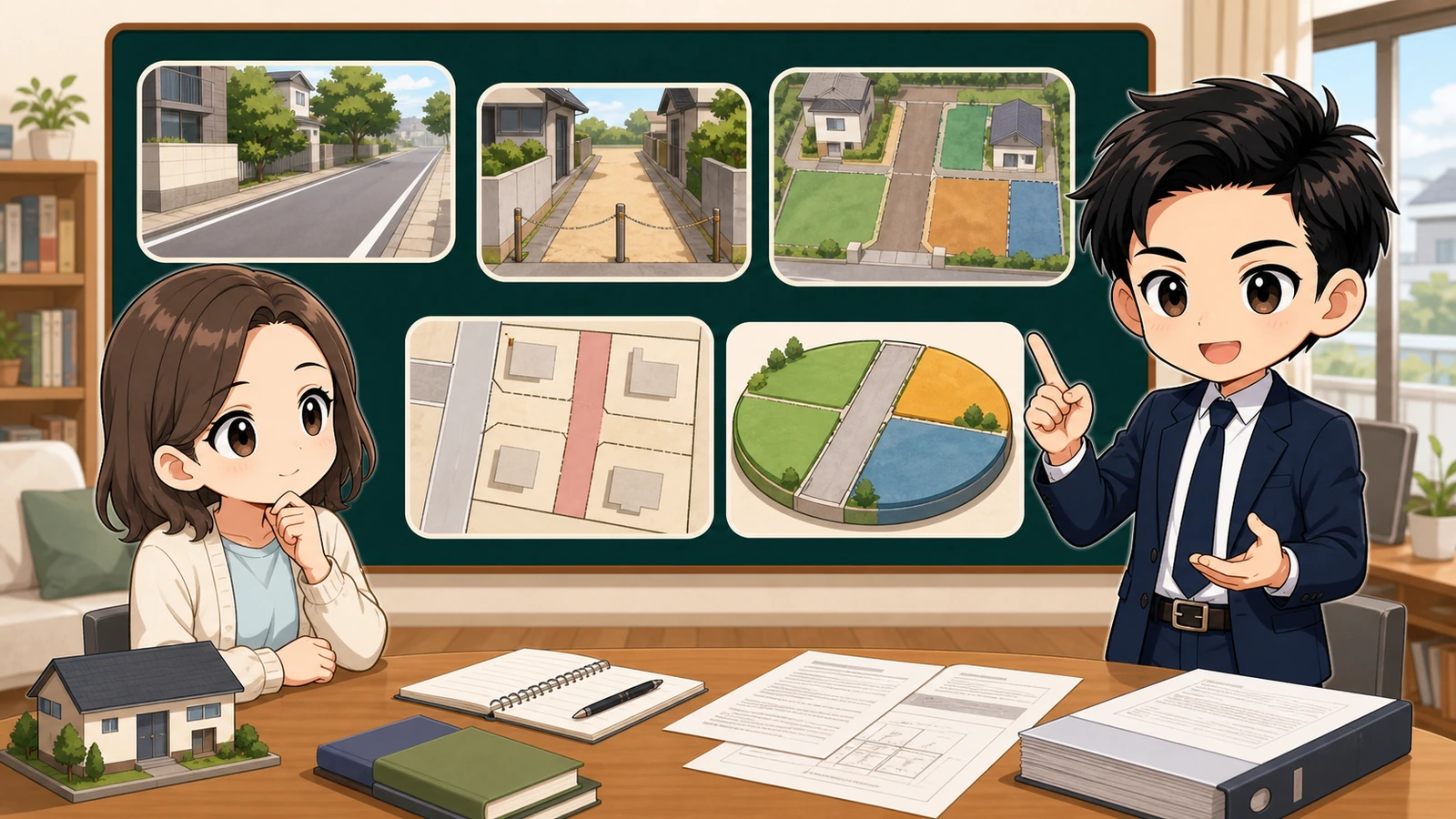 ざわ先生が私道の種類・所有者・持分を公図と登記事項で確認するイラスト