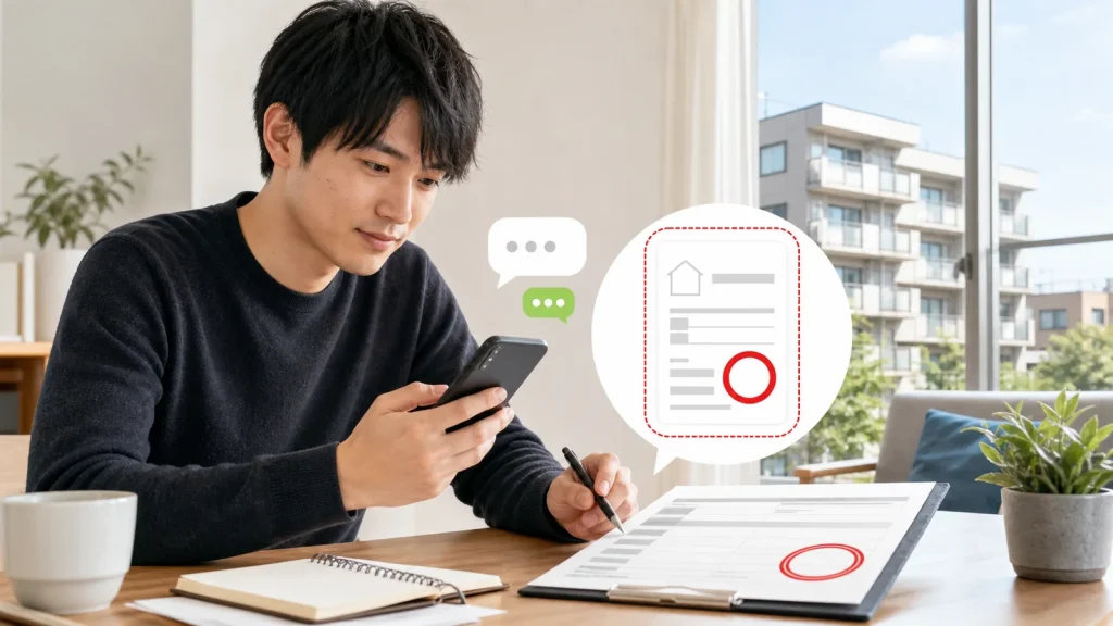 スマートフォン相談と費用明細で対象物件の仲介手数料を確認する利用者