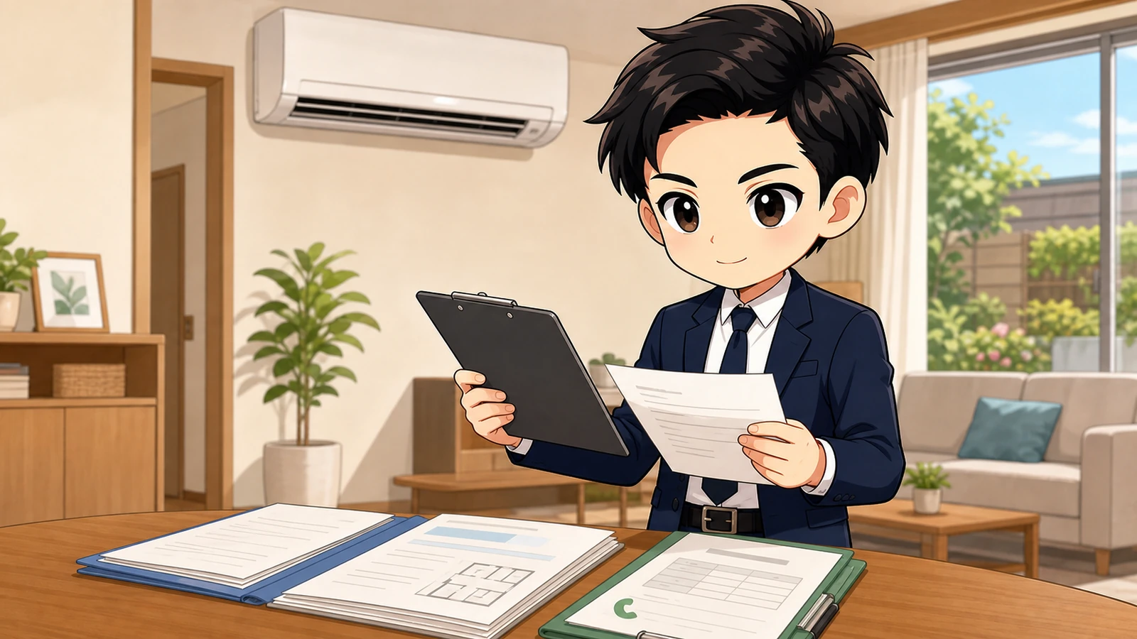 ざわ先生が賃貸契約書でエアコンの設備・残置物と連絡先を確認するイラスト