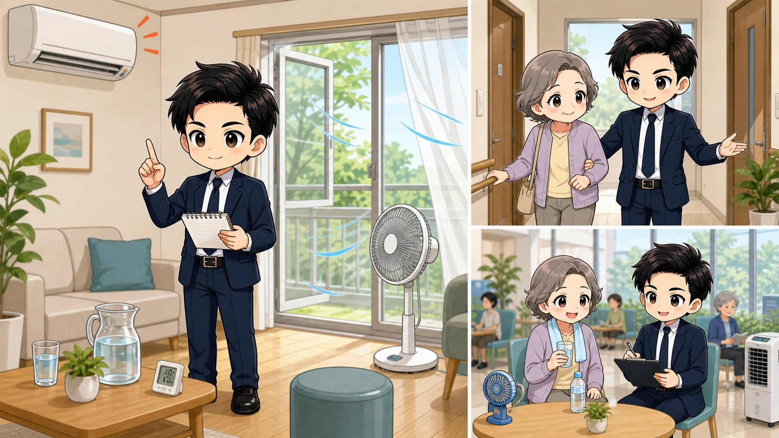 ざわ先生が修理の承認確認とエアコン故障中の暑さ対策を案内するイラスト