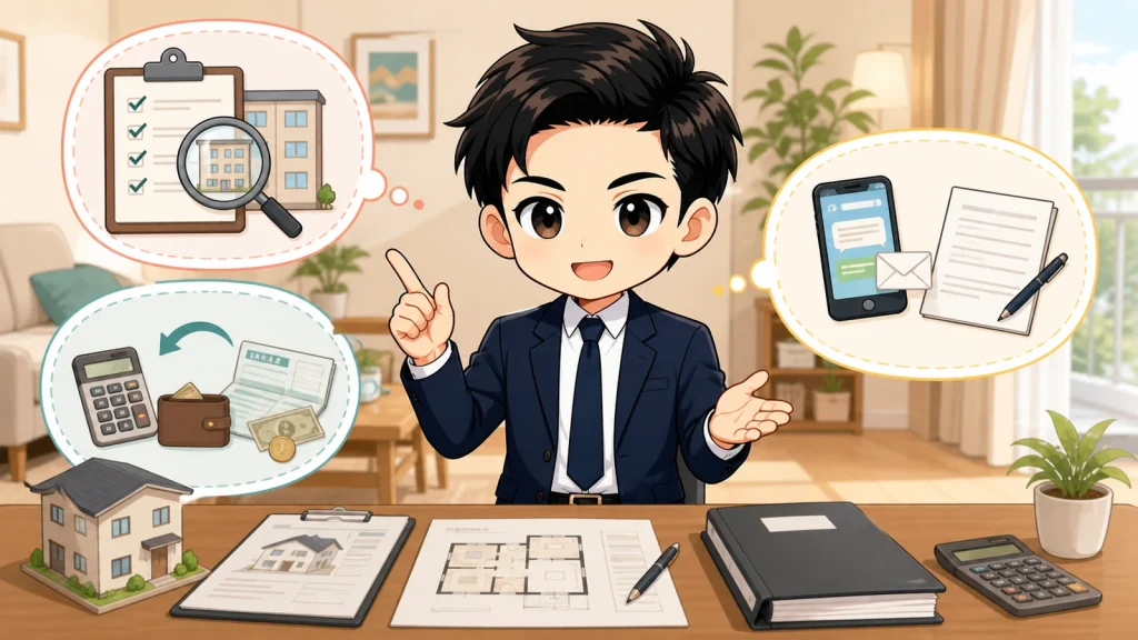 ざわ先生が賃貸申込後のキャンセルを契約前後・返金・連絡に分けて説明するイラスト