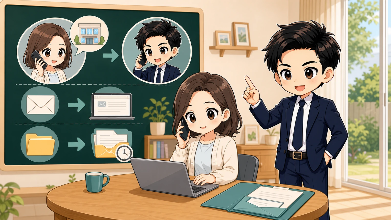 ざわ先生が賃貸申込の取りやめを不動産会社へ記録が残る方法で連絡するイラスト