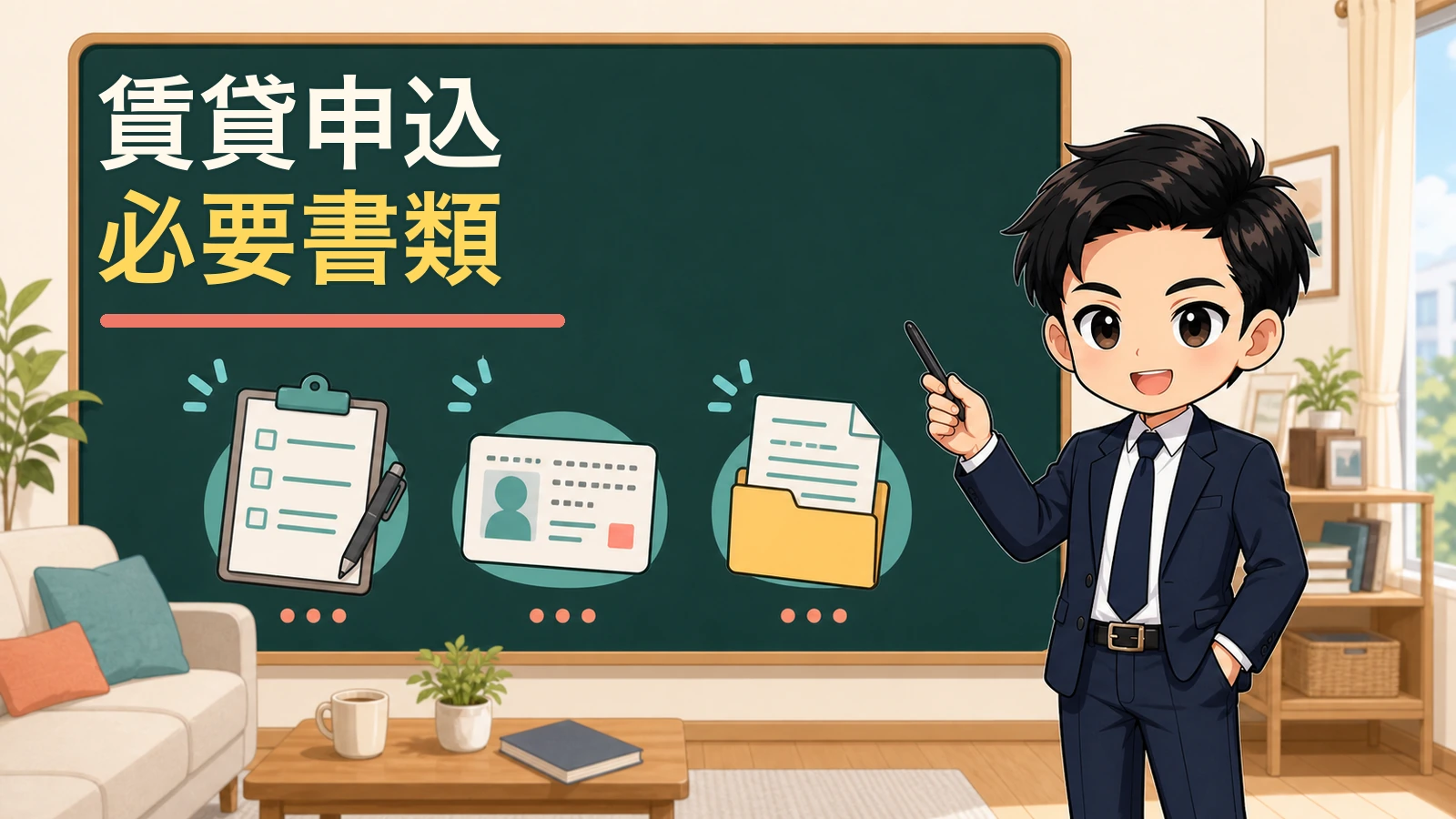 ざわ先生が賃貸申し込みの必要書類を3段階に分けて案内するイラスト