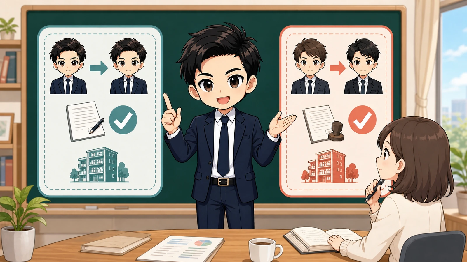 ざわ先生が賃貸契約の名義変更と再契約の確認手順を説明するイラスト