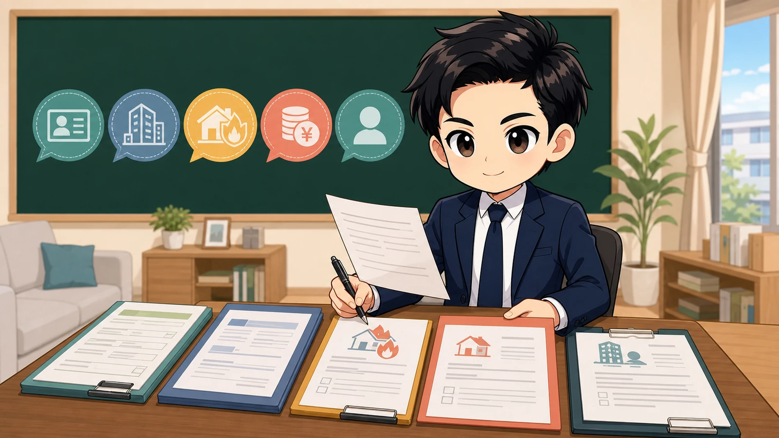 ざわ先生が賃貸の再審査・保証会社・火災保険・敷金を確認するイラスト