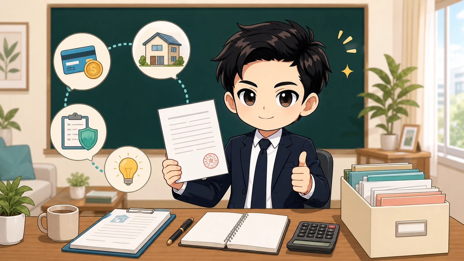 ざわ先生が承認書・再契約書と各種名義変更の記録を保存するイラスト