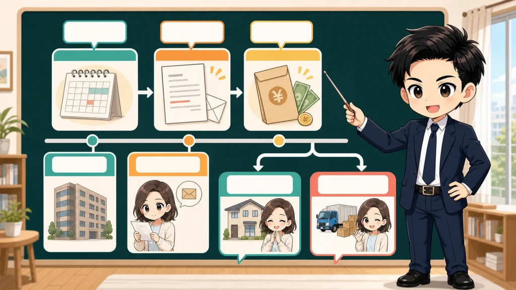ざわ先生が賃貸の契約更新を通知・費用・判断の順で説明するイラスト