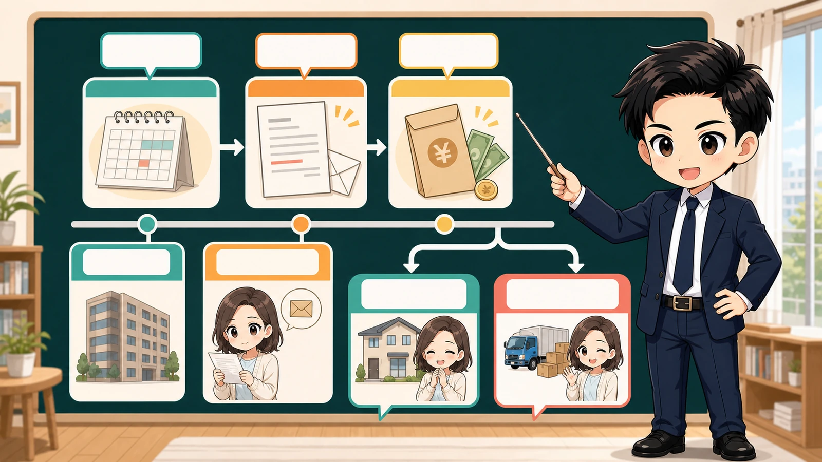 ざわ先生が賃貸の契約更新を通知・費用・判断の順で説明するイラスト