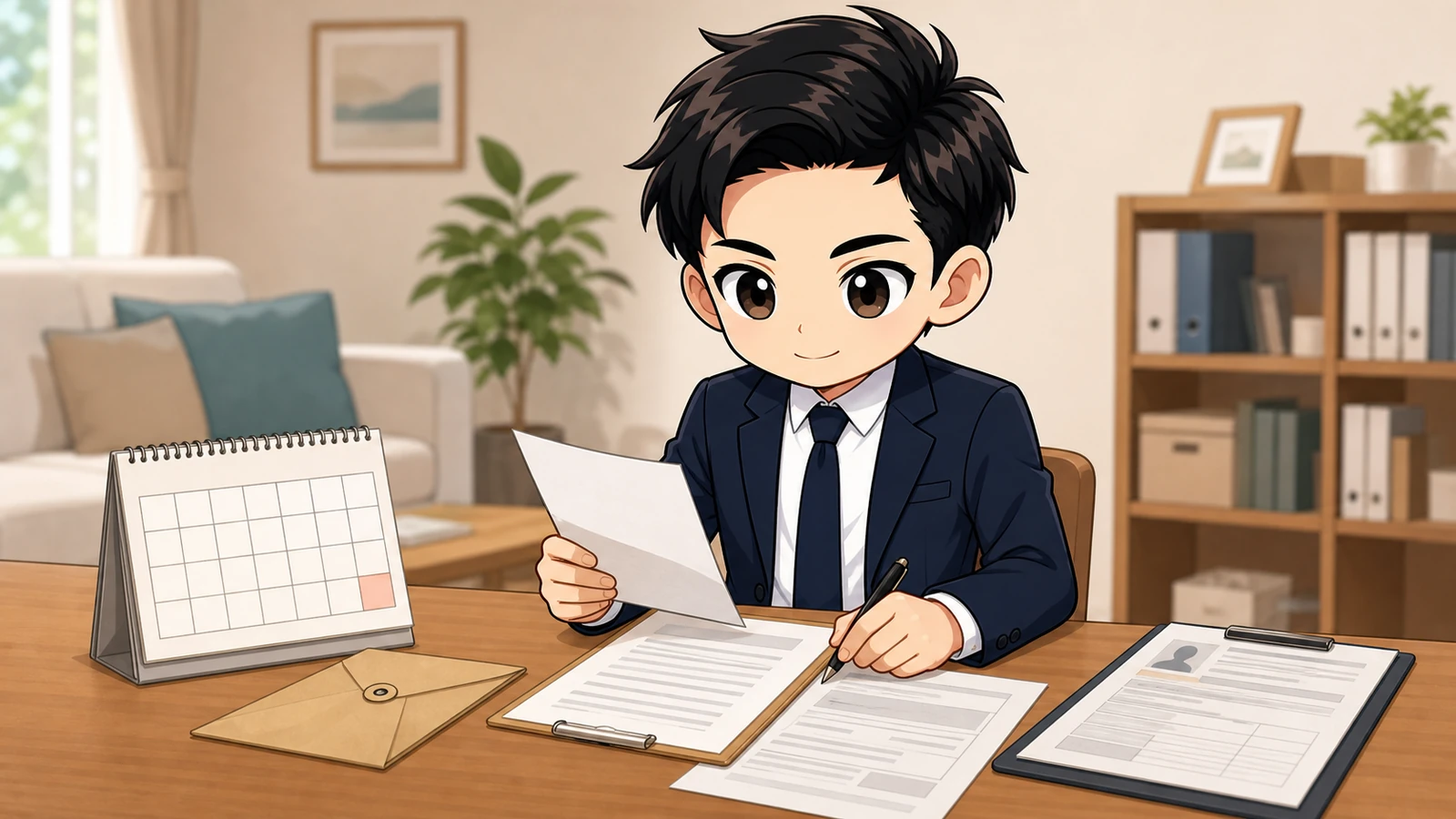 ざわ先生が賃貸契約の満了日と更新通知を確認するイラスト