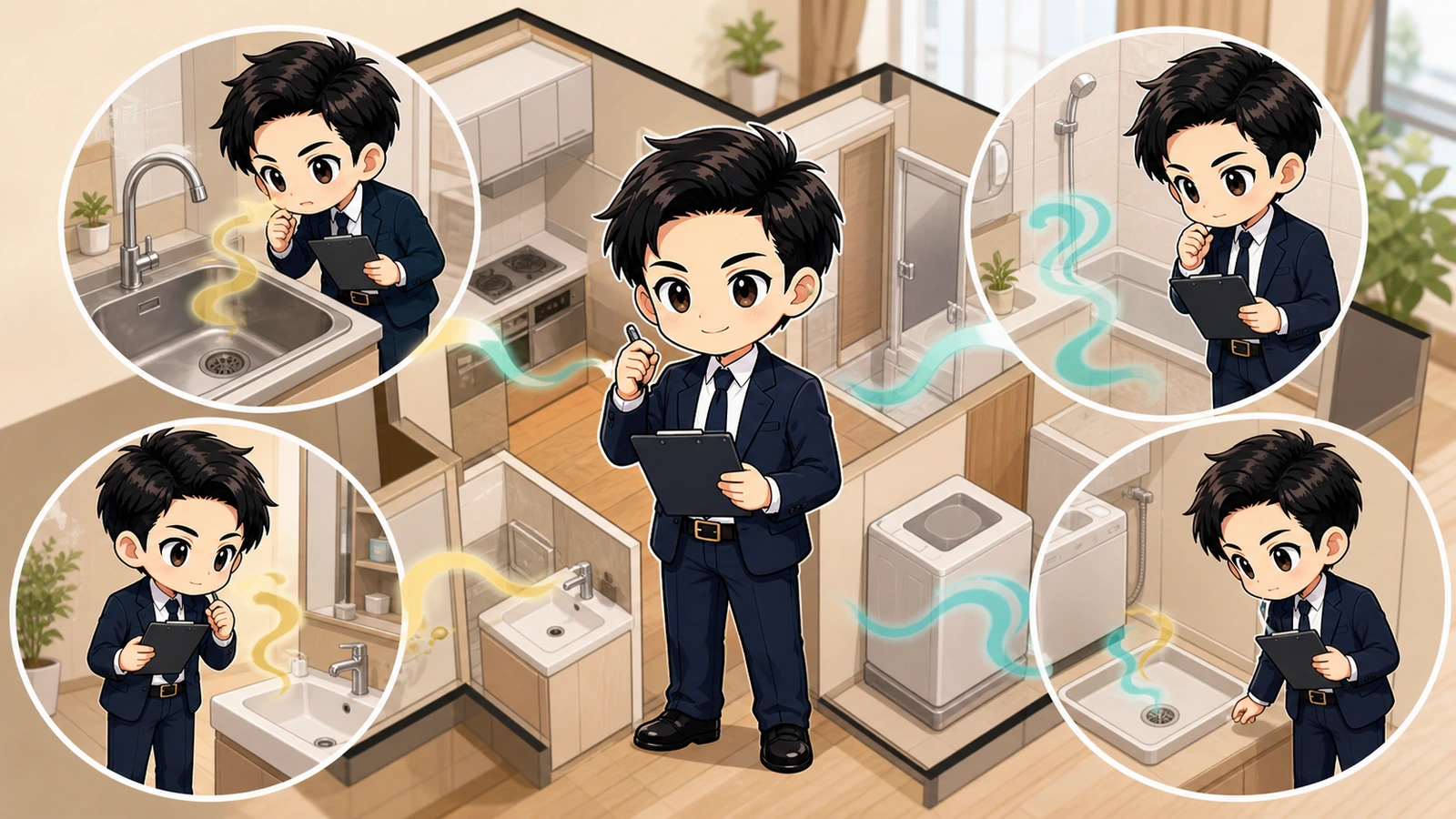 ざわ先生が賃貸室内で排水口の臭う場所と発生時刻を切り分けるイラスト