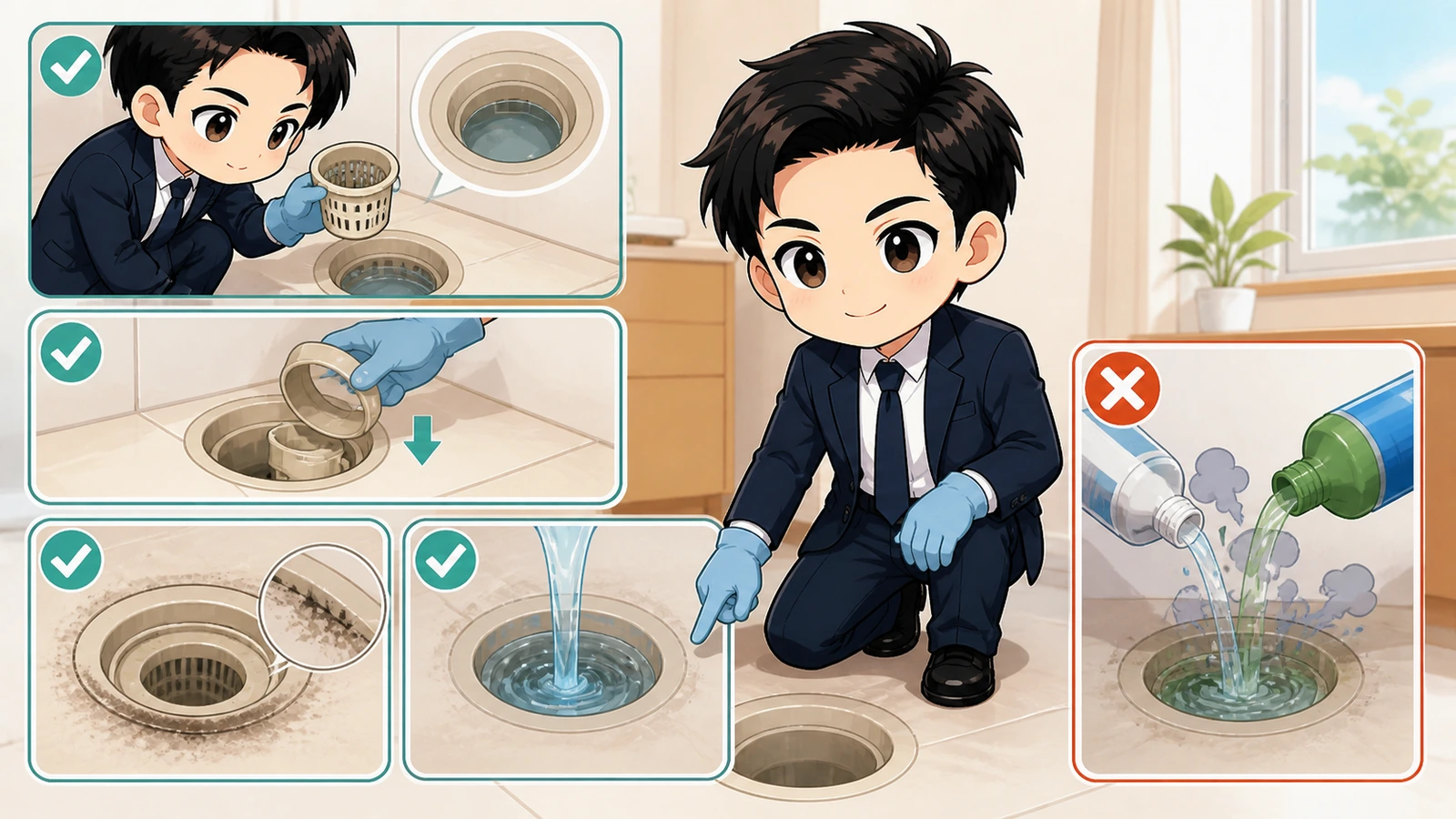 ざわ先生が手袋を着けて排水口の封水・部品・表面汚れを安全に確認するイラスト
