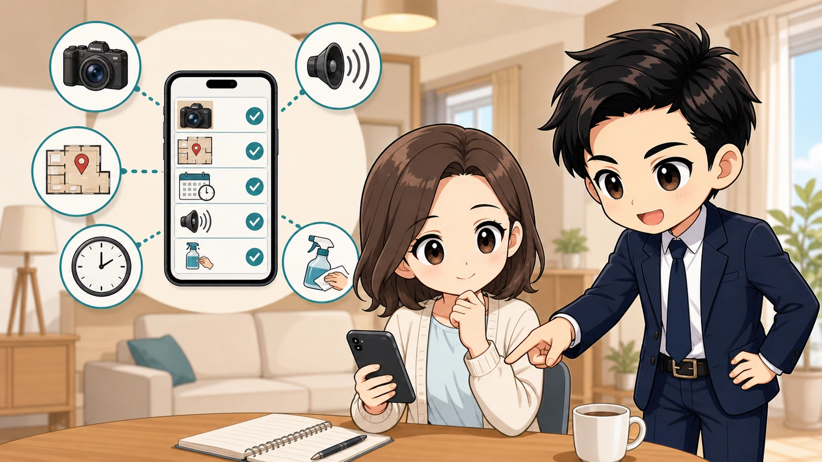 ざわ先生が入居者と排水口臭の写真・場所・時刻を管理会社へ伝えるイラスト